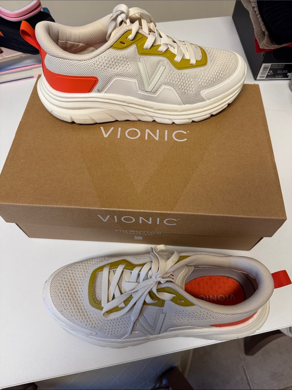 Vionic Kids Cream Sneakers with Olive and Coral Accents